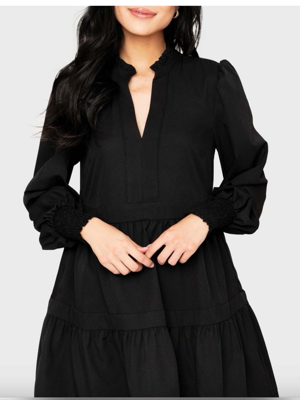 Black Long-Sleeve Tiered Midi Dress